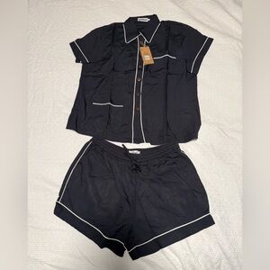 Women's Black Short Sleeve Pajama Set with White Piping by